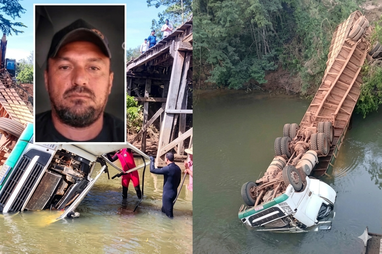 Motorista morre após carreta carregada com gado cair de ponte