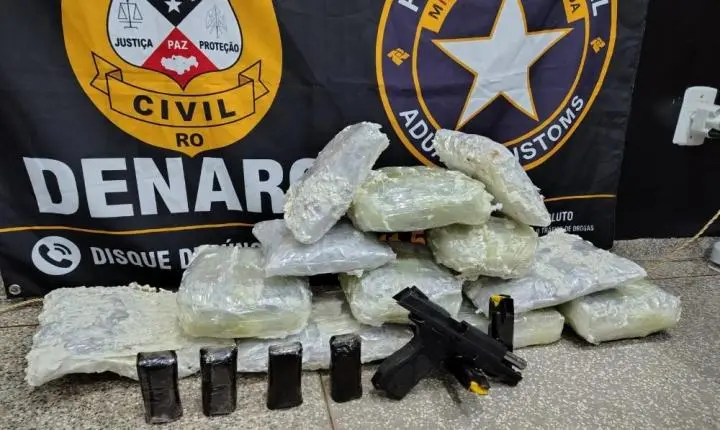 Denarc e Receita Federal apreendem 12 kg de skunk, haxixe e pistola em transportadora de Ji-Paraná