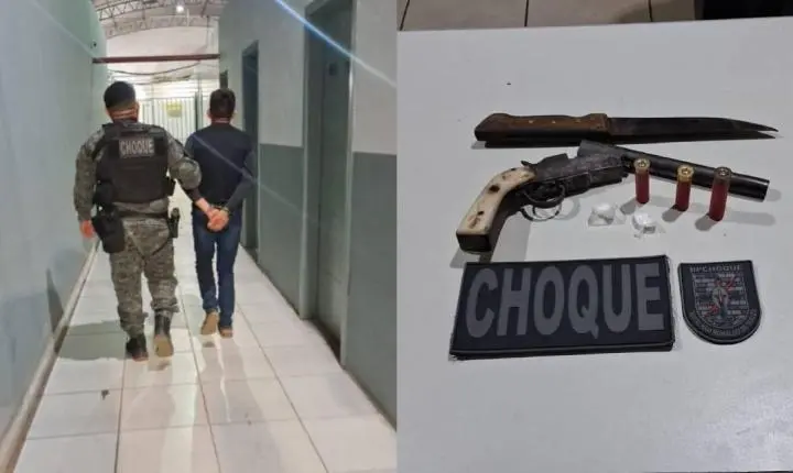 Homem de 28 anos é preso com arma caseira, munições e drogas no decorrer de Operação Hileia em Vila Samuel