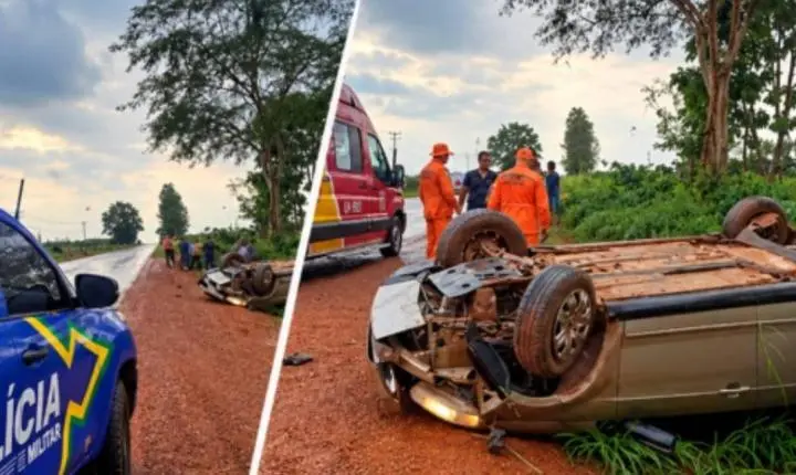 Motorista fica ferida após carro capotar na RO-010 em Rolim de Moura
