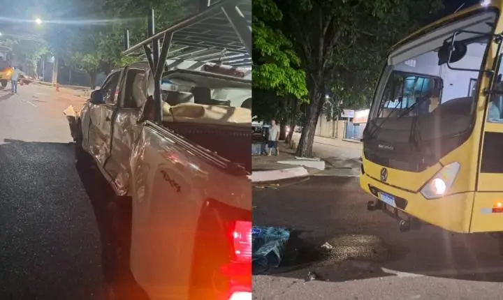 Ônibus escolar com 21 alunos se envolve em acidente com caminhonete no centro de Porto Velho