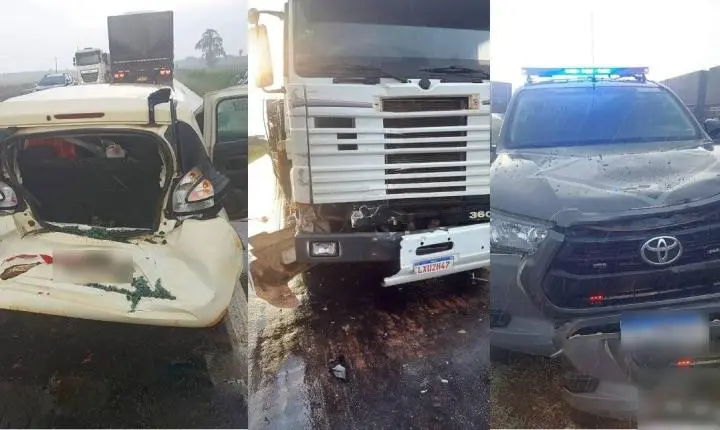 Viatura da Força Tática é atingida por carreta em engavetamento na BR-364
